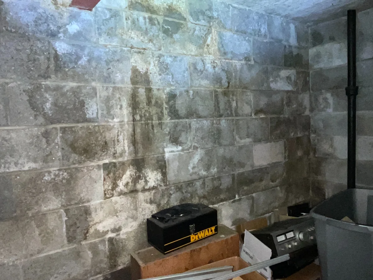 Moisture staining and mineral deposits on a block foundation wall